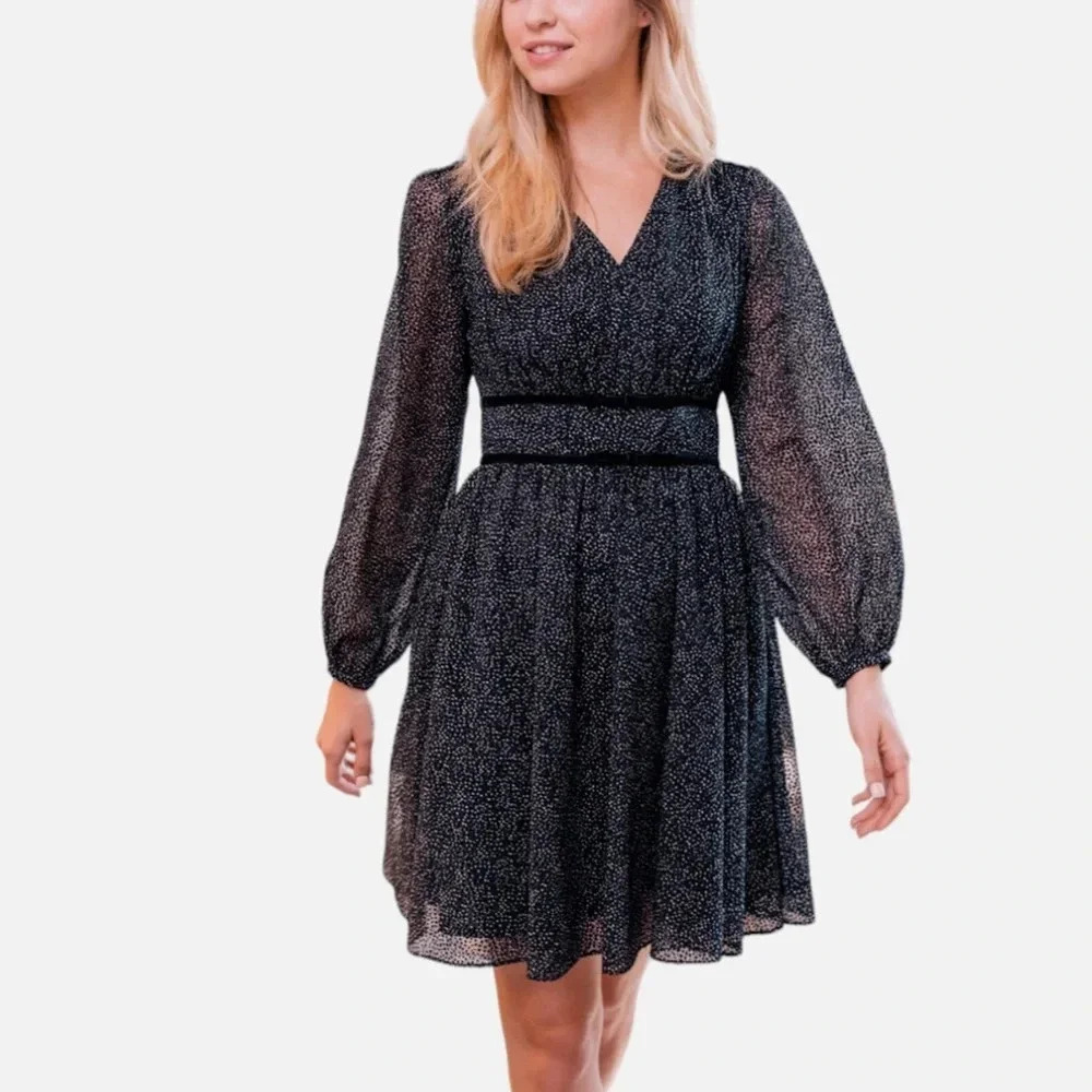 GAL MEETS GLAM Skylar mini Dress Black Flocked Velvet Chiffon Long Sleeve 2